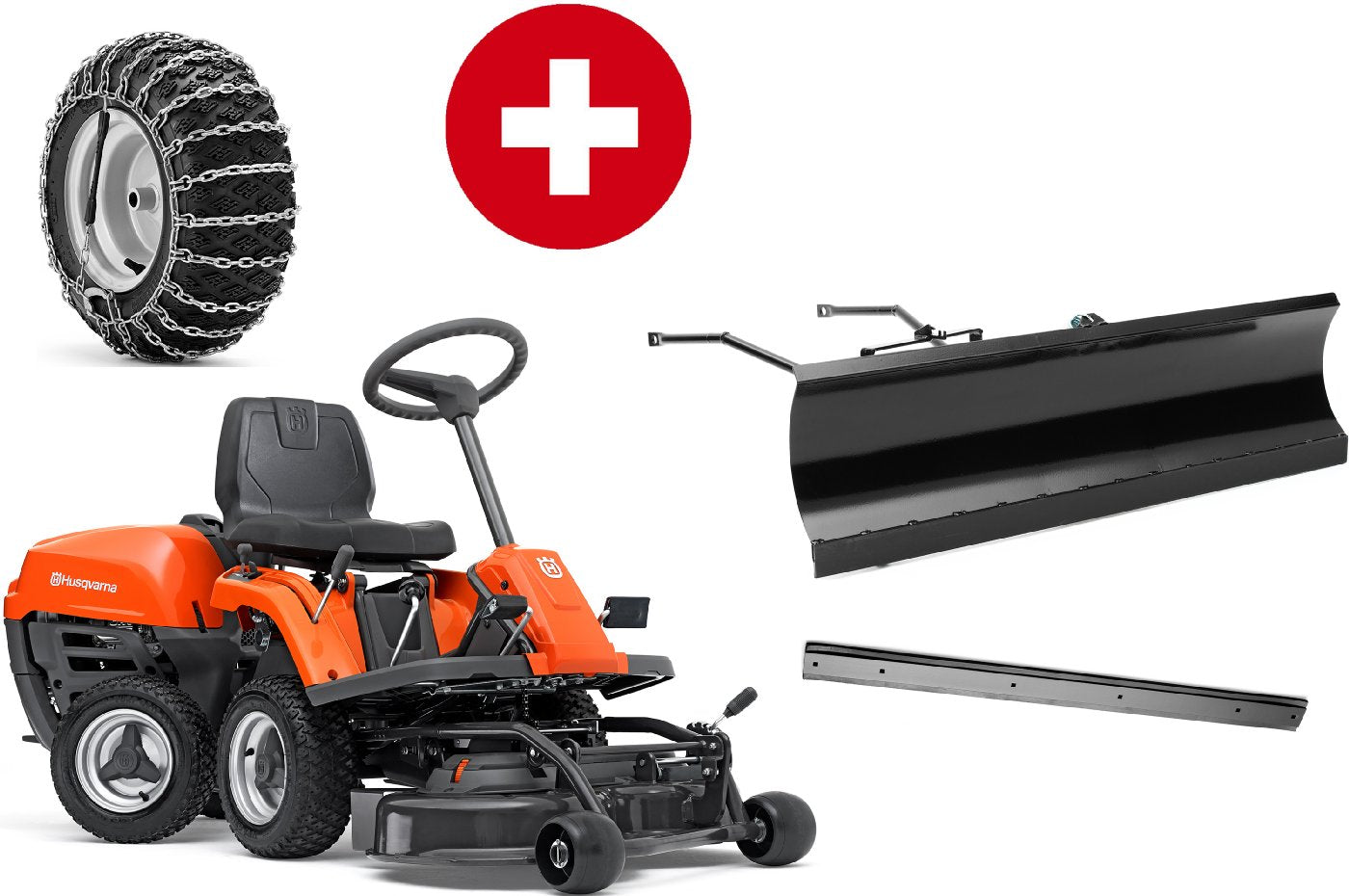 Husqvarna_R_112C_mit_Maehdeck_Combi_85_-_Winte (1) Husqvarna Frontmäher R 112C5 mit Mähdeck Combi 85 – Winterpaket mit Schneeschild, Gummileiste und Schneeketten – Bild 1