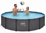 HAF - Swing Metal Frame Pool rund Grau Fischgräte (Ø 366 cm, 91 cm tief) - Gartenpool mit 8.300 Liter - Robust, UV-geschützt & korrosionsbeständig