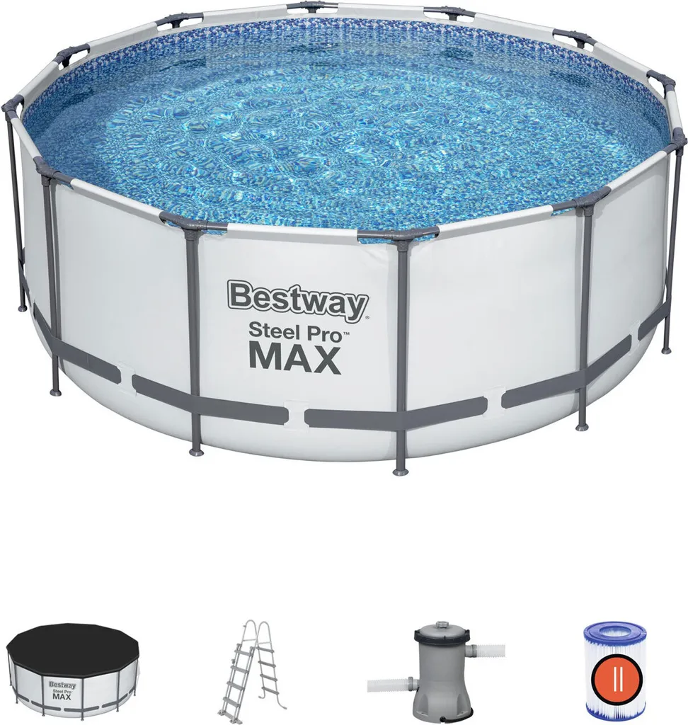 8283fa8f24badad6a6cadd96b2dc9dcd Steel Pro MAX Rahmenpool 366 x 122 12 Fuß BESTWAY 5in1 + Leiter + Abdeckung + Pumpenfilter – Bild 1
